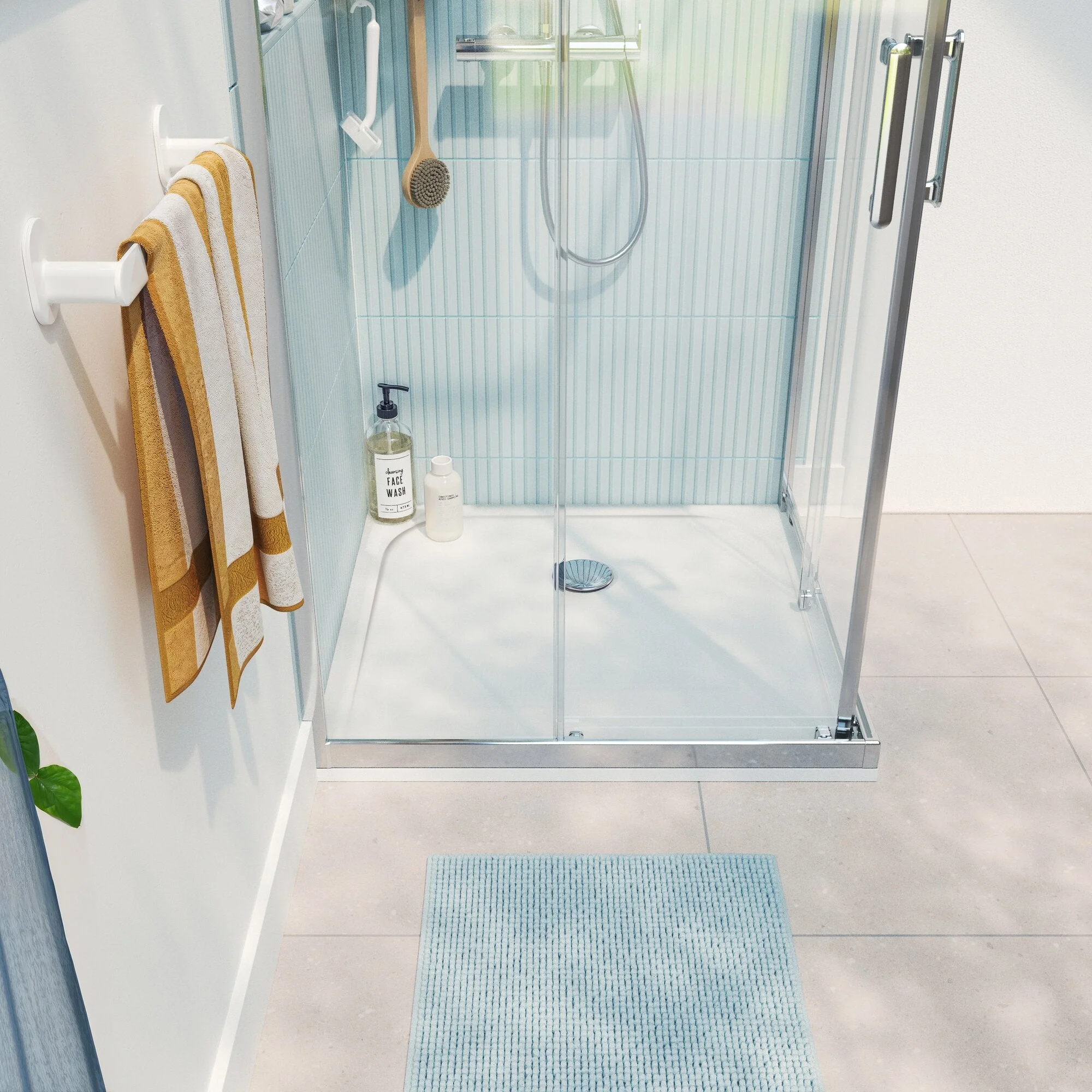 Receveur de douche extra-plat blanc installé dans une salle de bain moderne avec paroi en verre.